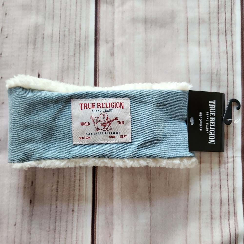 NWT True Religion "Headwrap" Denim Sherpa Headband Ear Warmer Earmuff